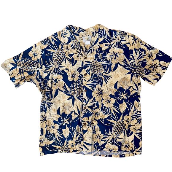 Vintage 90s Ho Aloha Shirt Size Medium Made in Hawaii Navy Floral 100% Cotton - Picture 1 of 6